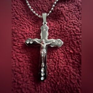 Black and Silver Crucifix Unisex w Rhinestones Christian Fashion Necklace NWT